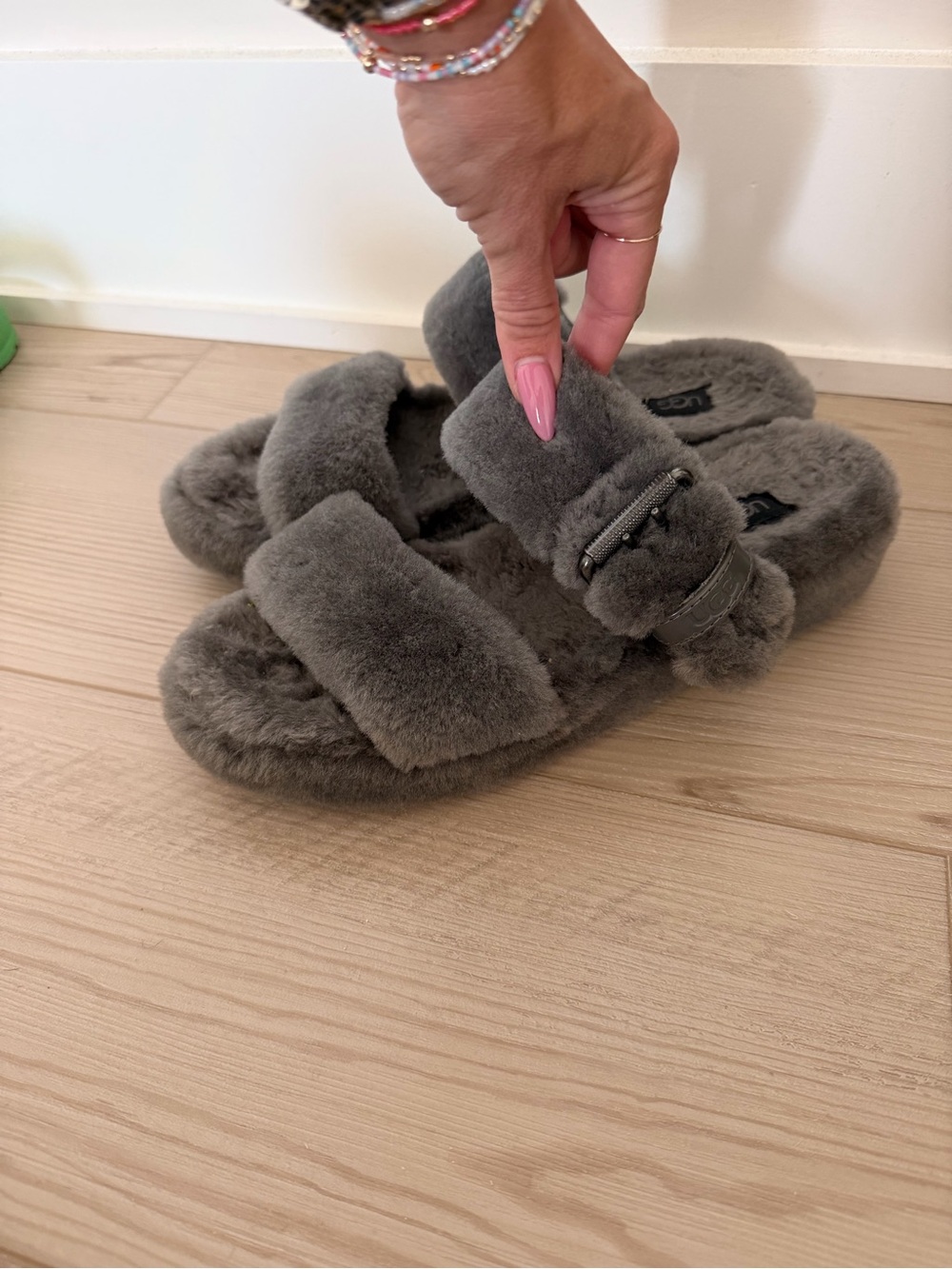 UGG Gray Fluff Two-Strap Slide Sandal